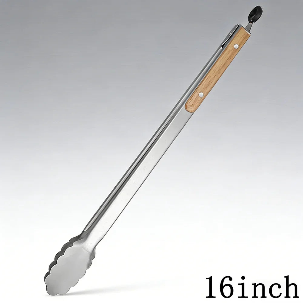 1Pcs Stainless Steel Food Tongs Heavy Duty Kitchen Tongs with Wooden Handle for Cooking Grilling BBQ 9-16 Inch Length