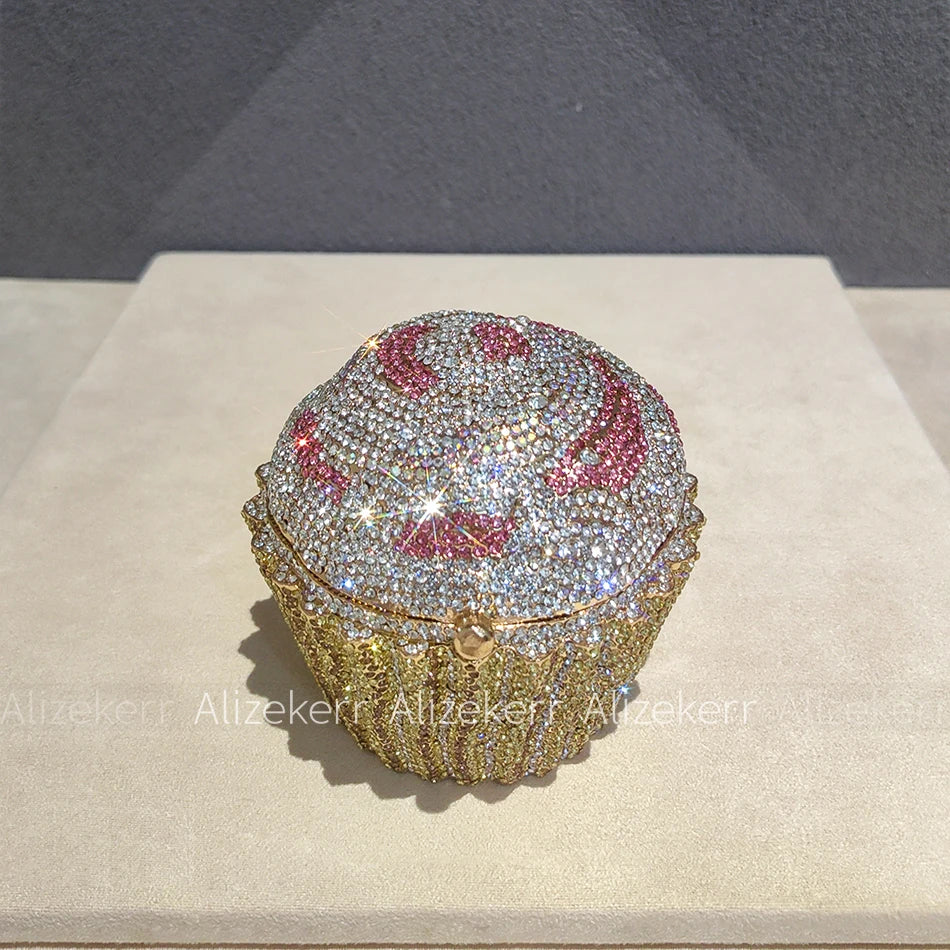 Alizekerr Cupcake Shape Rhinestone Evening Bag Women Chic Sparkly Diamond Mini Metal Clutch Purse And Handbag Wedding Party Prom