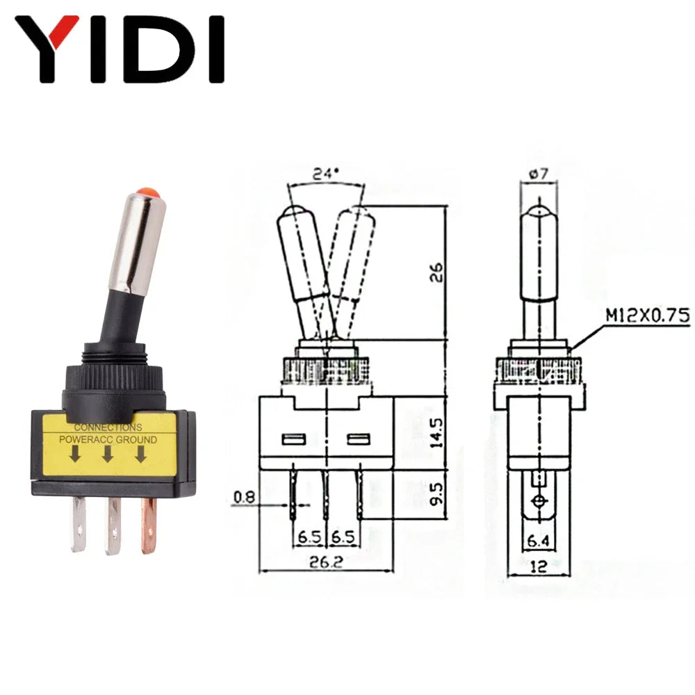 5/10pcs 12mm Auto Car LED Illuminated Toggle Switch ASW-15D SPST 2 Position 3pin ON OFF 12V 24V DC Red Green Blue Yellow White