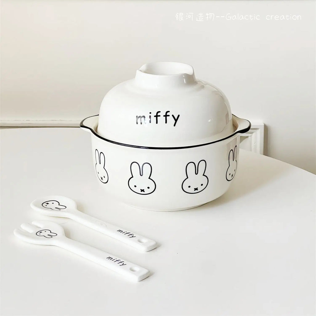 Kawaii Tableware Ceramic Rice Bowl with Lid Easy To Clean Household Use Instant Noodle Bowl Microwaveable Spoon Heating Miffy