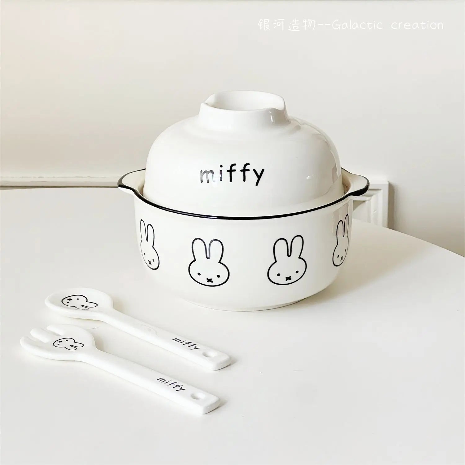 Kawaii Tableware Ceramic Rice Bowl with Lid Easy To Clean Household Use Instant Noodle Bowl Microwaveable Spoon Heating Miffy
