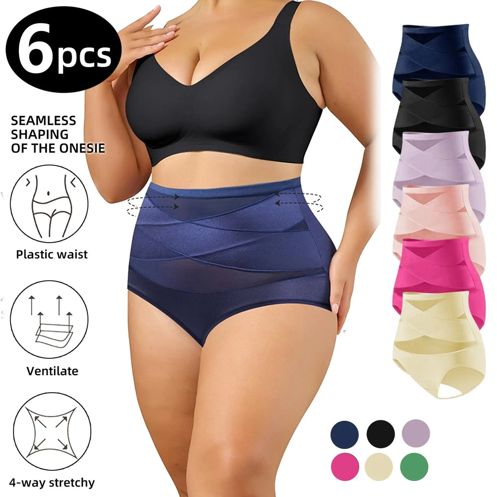 6pcs Plus Size High Waisted Tummy Tightening Ladies Panties Breathable Mesh Cross Hip Lifting Ice Silk Traceless Women's Panties