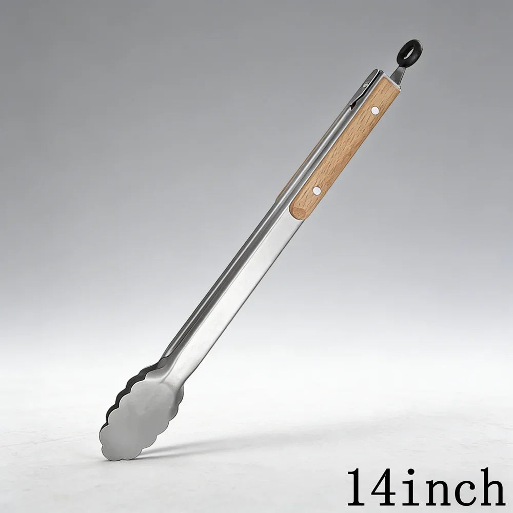 1Pcs Stainless Steel Food Tongs Heavy Duty Kitchen Tongs with Wooden Handle for Cooking Grilling BBQ 9-16 Inch Length