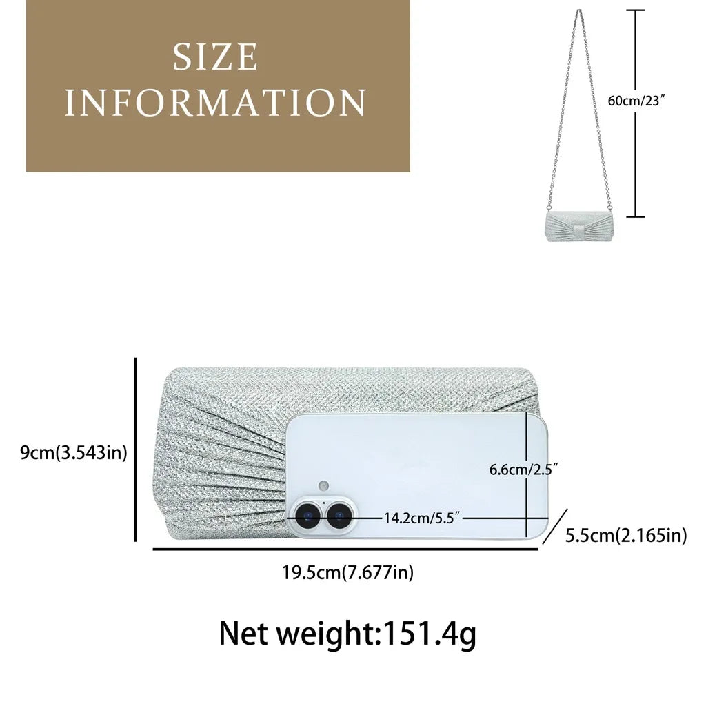 Glitter Evening Clutch Bag Women Luxury Pleated Bowknot Party Purse Shiny Wedding Bridal Handbag Gold Silver Black Envelope Bag