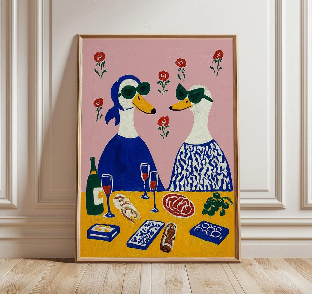 Duck Wine Party Art Print, Quirky Animal Poster, Retro Wall Art with Ducks and Wine, Fun Dining Room or Kitchen Decor