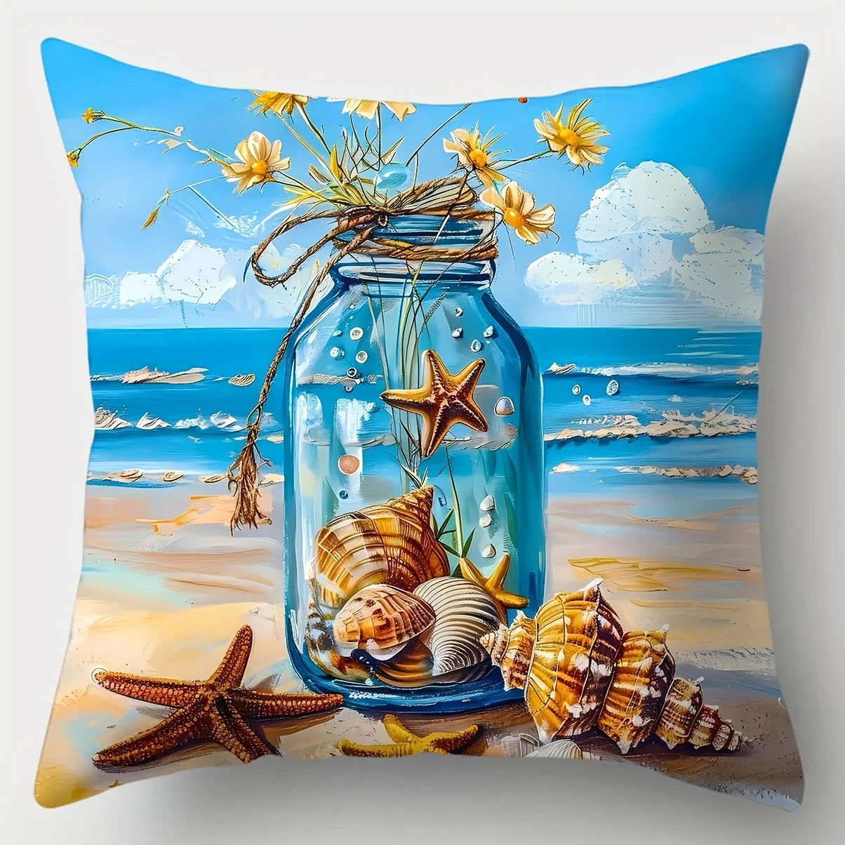 4-piece Beach Style Theme Throw Pillow Cover Set, featuring starfish, seashell, and beach bike patterns, insert not included