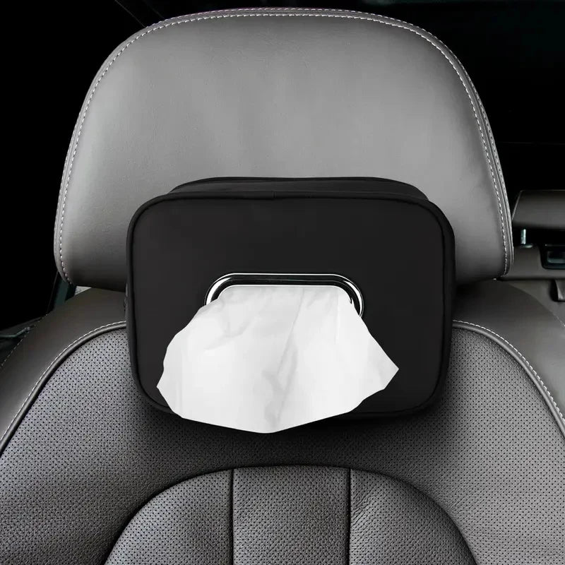 Universal Black Leather Car Tissue Bag with Chrome Metal Opening Hanging Headrest Napkin Box Cover