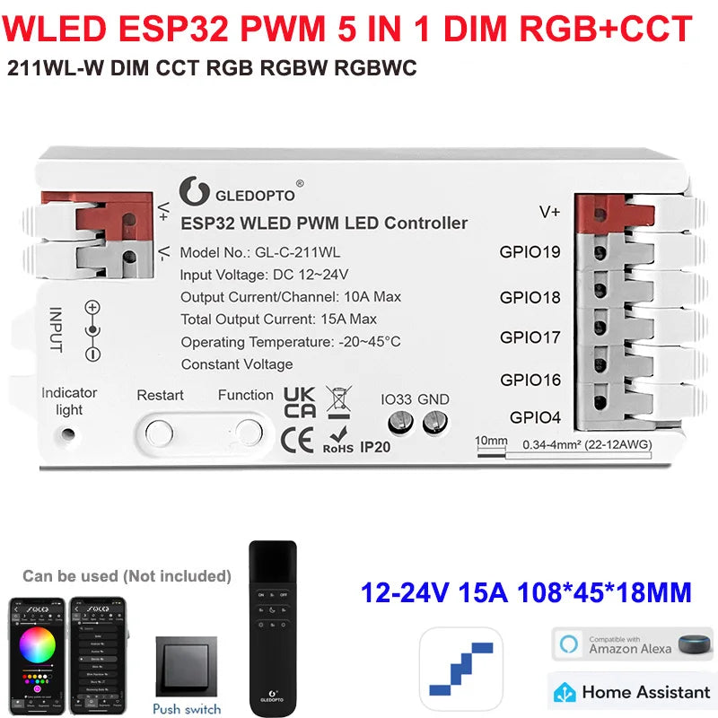 5GLEDOPTO ESP32 PWM WLED Dynamic LED Controller 5 in 1 DC12-24V WIFI App Control for RGBCCT RGBW RGB CCT DM WS2811/2B/3/5 Strip