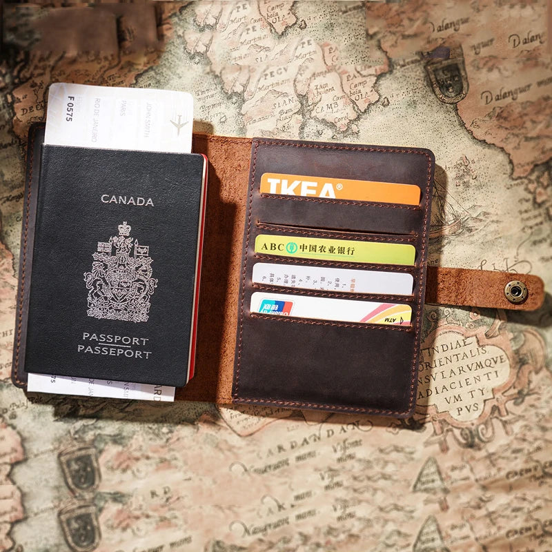 Crazy Horse Leather Passport Wallet – Retro Travel Organizer, RFID Blocking Multi-Function Ticket Purse for Men & Women
