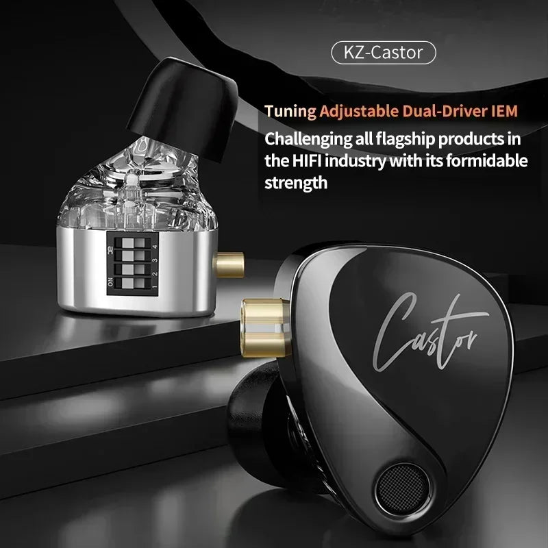 KZ Castor Wired Earbuds Improved Bass HiFi Earphone 2 Dynamic High-end Tunable Balanced Armature In-ear Headphone W/ Accessories