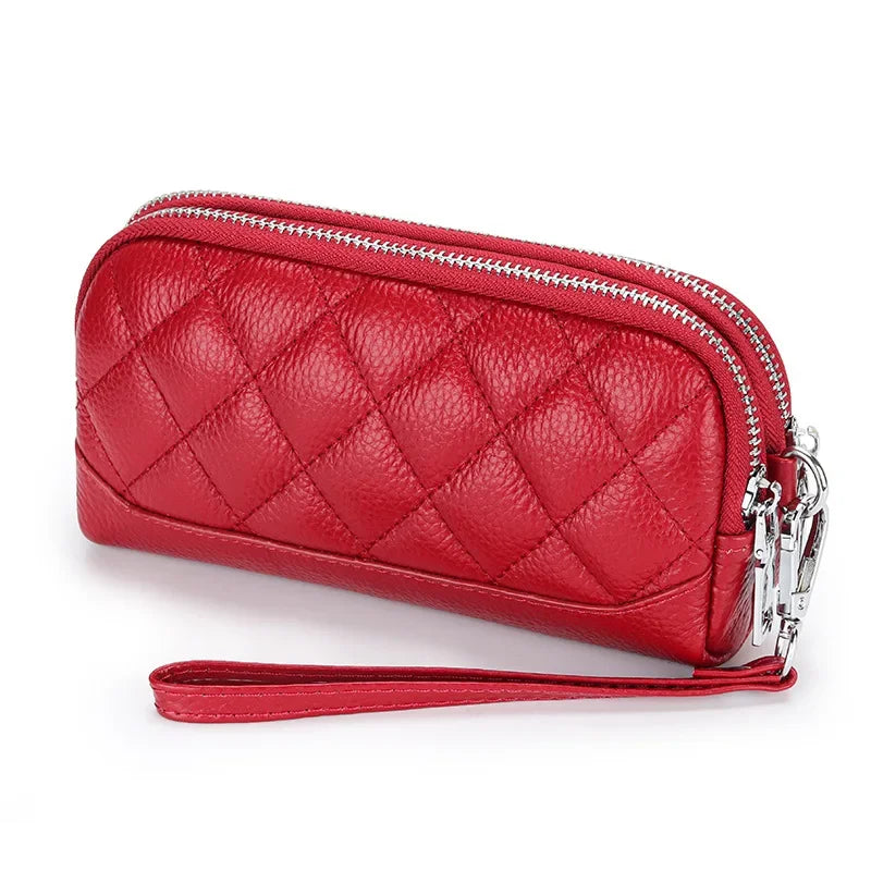 Double Zipper Clutch Bag for Women Genuine Leather Coin Pocket Money Purse Women's Clutches Female Clutch Purse with Wrist Strap