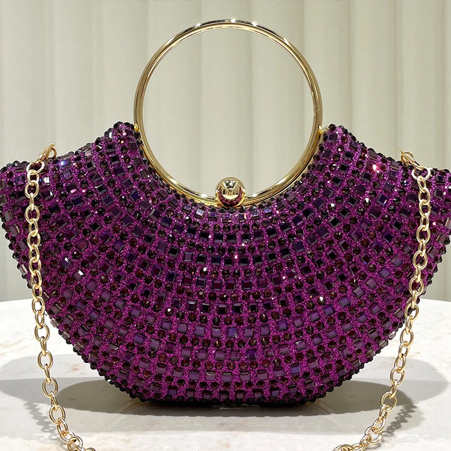 Purple shiny luxurious diamond ring handle handbag lady's evening bag for party dress wedding clutch purse chains shoulder bags