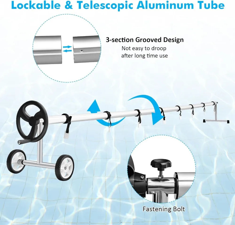 18 FT Adjustable Aluminum Pool Cover Reel with Hand Crank and Wheels for Inground Swimming Pools