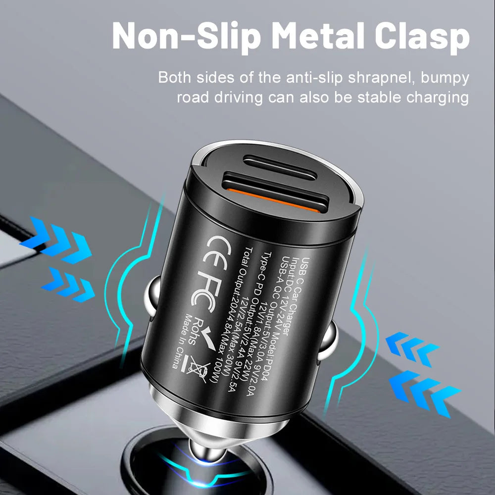 100W Mini Car Charger Dual Port PD Type C & QC USB A Fast Charging Adapter Flush Fit Stealth Pull Ring For 12V 24V Vehicles