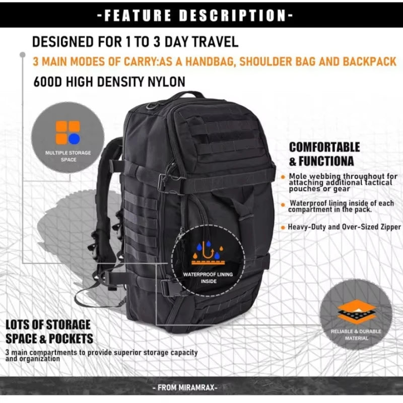 Car Travel Duffel Backpacks Tactical Backpack, Outdoor Bag, Waterproof Fitness High-Capacity Bag 45L  Strap Bag for Men Women