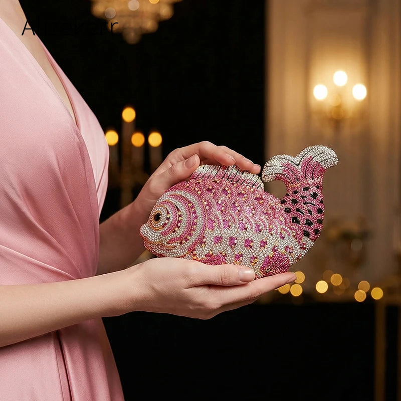 Alizekerr Goldfish Shaped Crystal Evening Bags Women Gorgeous Boutique Unique Crystal Metallic Purses And Handbags Wedding Party