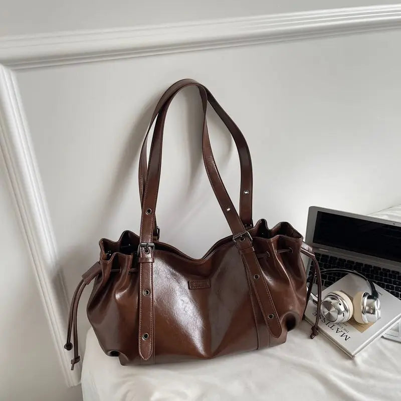 Vintage Fashion Soft PU Leather Large-capacity Tote Bag Underarm Bags Commuting Handbag Wallet Phone Storage Bag Woman Bags