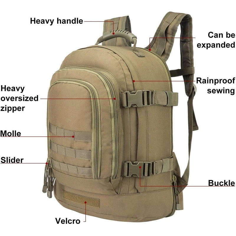 60L Military Tactical Backpack for Men Army Expandable 3 Day Assault Pack Molle Bug Out Bag for Camping Hiking Rucksack Fishing