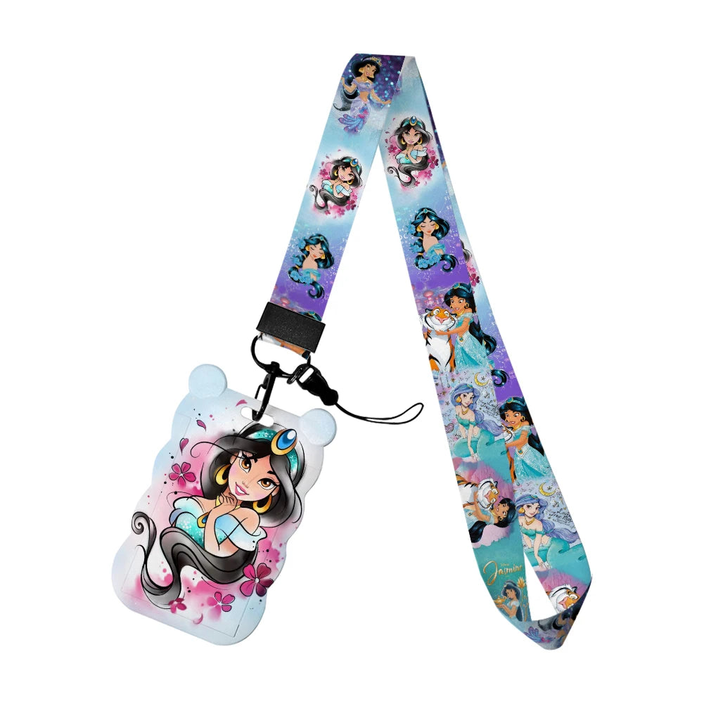 Disney Jasmine Princess Irregular Head Shape Badge Holder Lanyard Keys Chain ID Credit Card Cover Bus Card Holder Glitter Charms