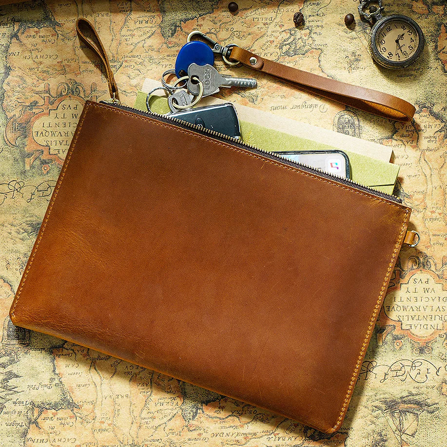 Handmade Vintage Men's Top-Grain Leather Briefcase - Medium Waxed Leather Zippered Document Organizer Clutch Bag