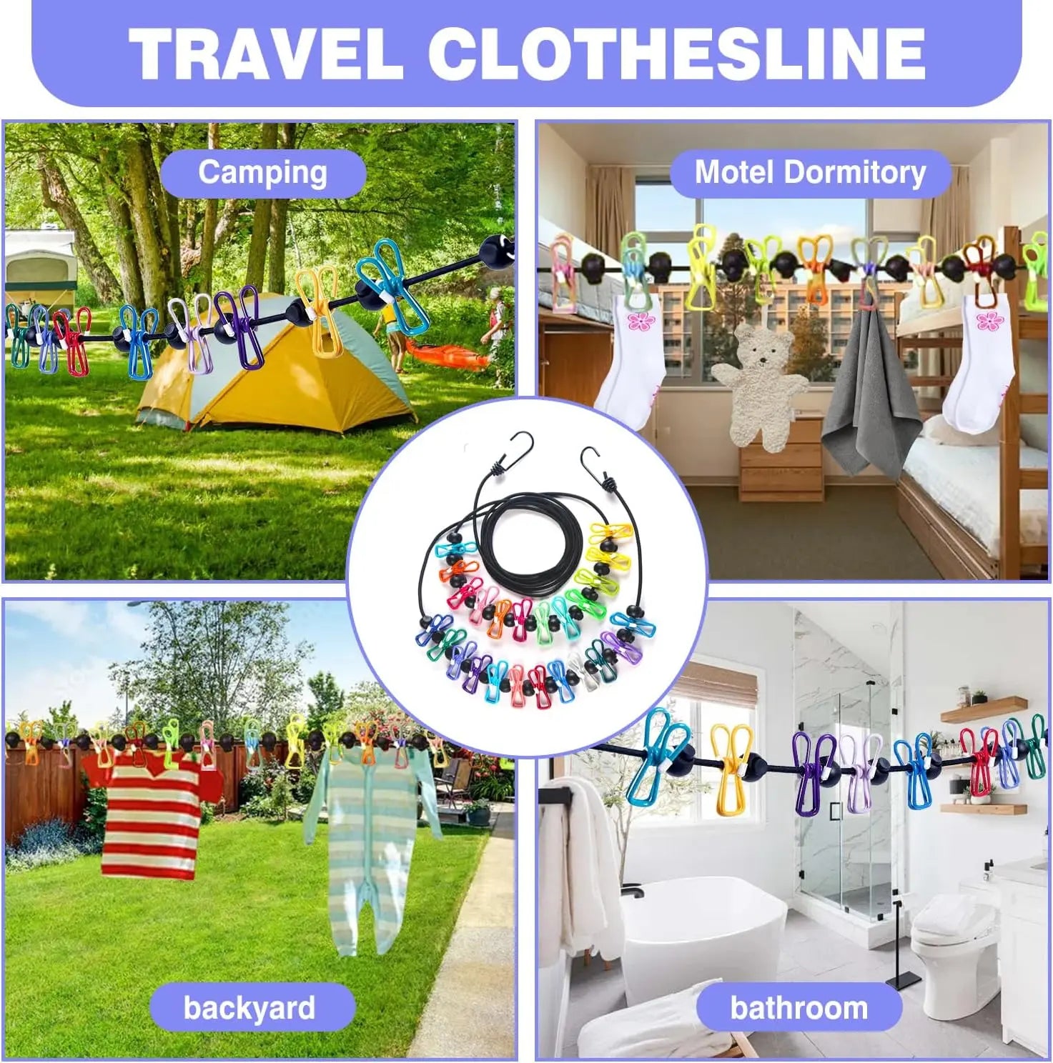 1/2PCS Retractable Portable Travel Clothesline, Clothesline with 12 Clothespins, Indoor Clothesline, Outdoor Camping Accessories
