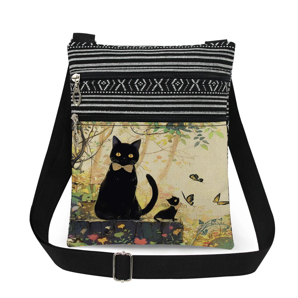 Cute Cartoon Black Cat Print Crossbody Bags Shoulder Bags For Women Daily Travel Portable Small Messenger Bags Catkeeper Gift