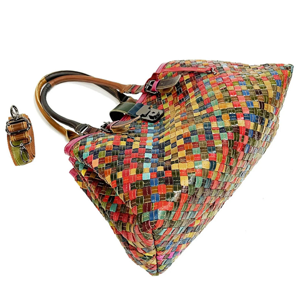Fashionable Top Grain Genuine Leather Women Shoulder Bags Woven Handbag Contrasting Color Travel Crossbody Hand Messenger Valise