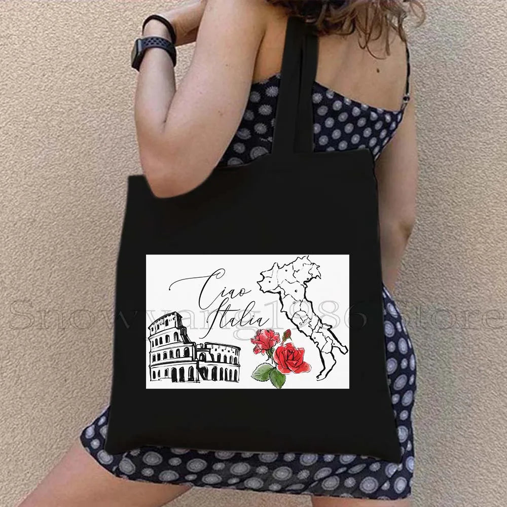 Funny Ciao Bella Saying Italy Flag Rome Colosseum Firenze Florence Panorama Italian Canvas Tote Bag Shopper Girl Casual Handbag