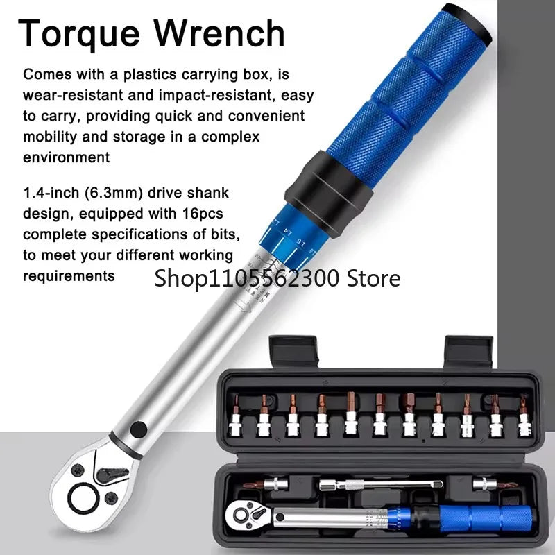 16PCS Bike Torque Wrench Set 1-25Nm Pre-set Precision Ratchet Tool for Road Bicycle Small Flywheel Repair with Case