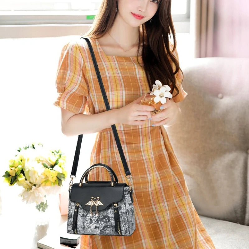 Classic Top Handle Satchel with Swan Rhinestone, Convertible Crossbody Bag with Detachable Strap for Elegant Women's Handbag