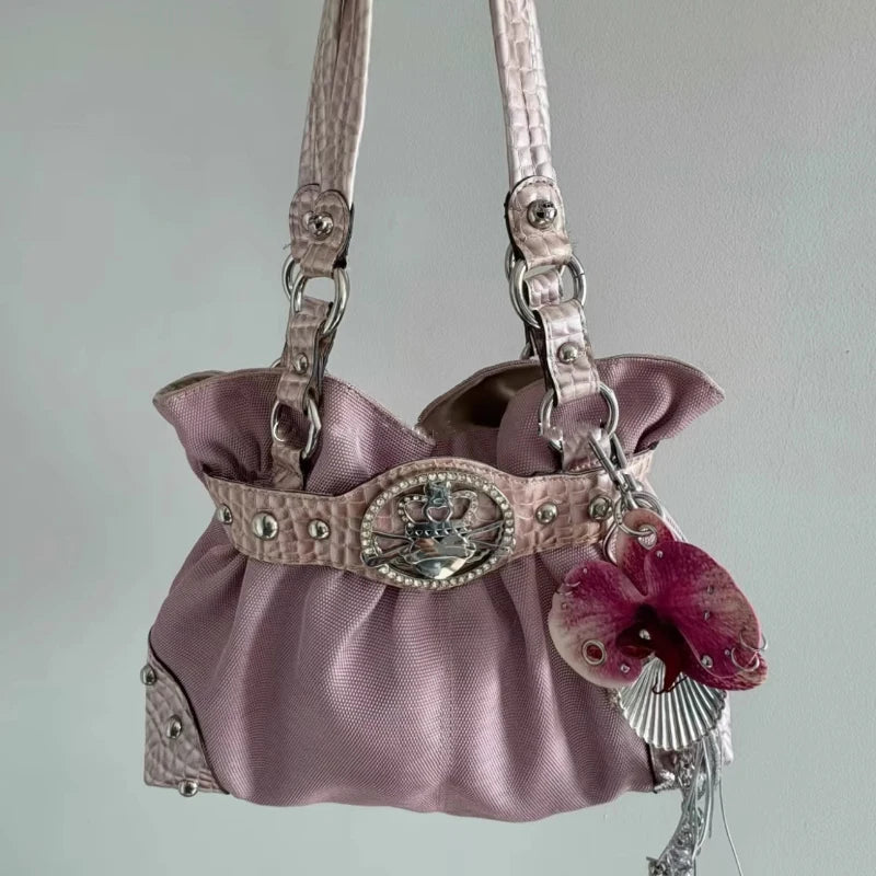 Retro Y2k Rivet Underarm Bag Women Brand Belt Buckle Shoulder Handbag Large Capacity Casual Commuter Tote Canvas Storage Bag