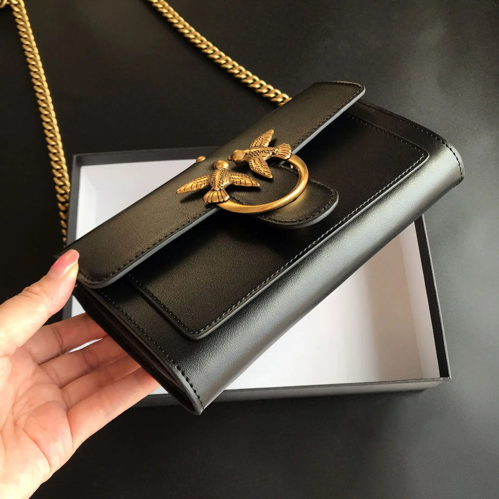 New pinko-style genuine leather swallow bag, envelope small wallet, chain shoulder bag, crossbody bag, clutch, women's handbag