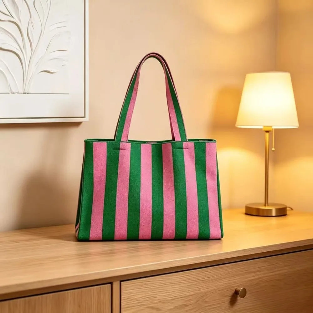 2026 New Bohemian Style Knitted Striped Woven Bag Large Capacity Yarn Handheld Tote Bag