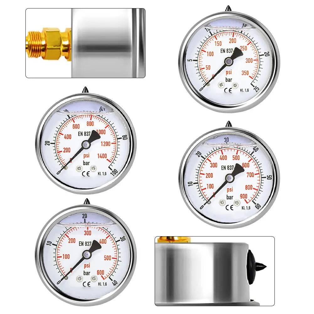 60mm Pressure Gauge Hydraulic Vacuum 0 100 Bar PSI with Brass Connector and Stabilized Glycerine Filled Movement