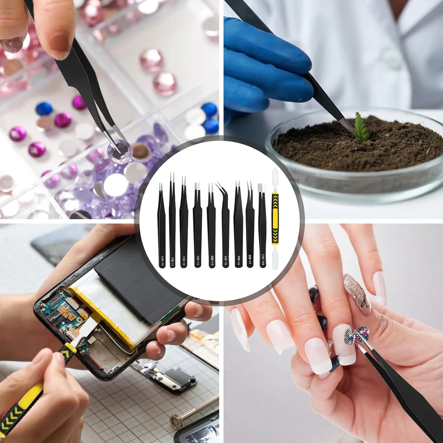 Industrial Grade ESD Anti-static Tweezers Set 1.5MM Precision Tip High Hardness Stainless Steel Tweezers Corrosion-Resistant