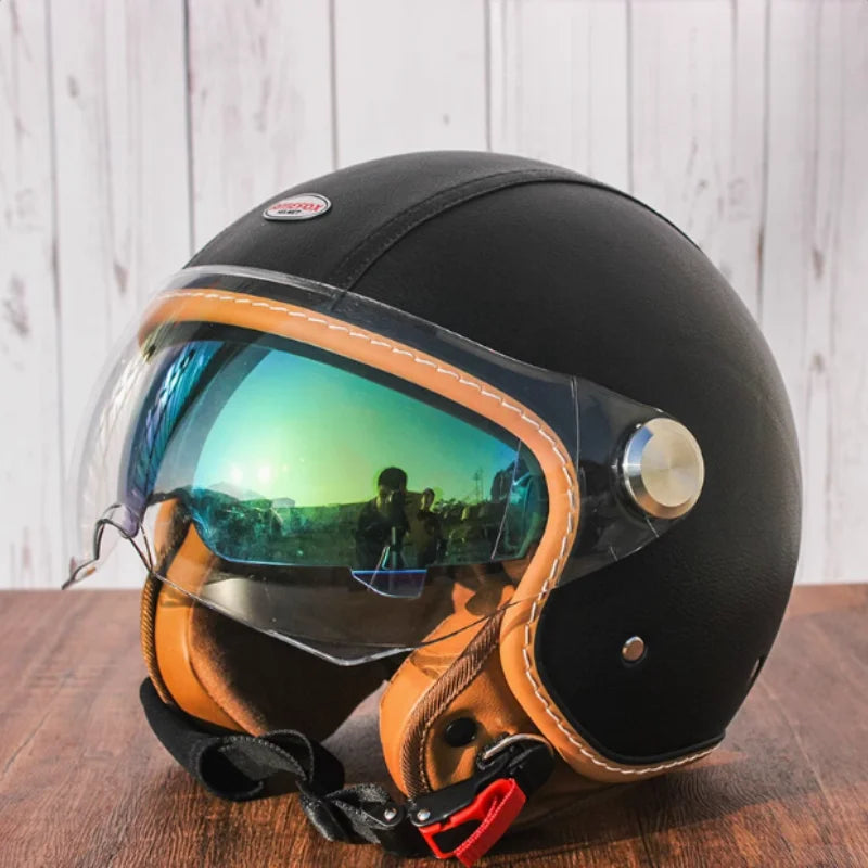 Brown Leather Original DOT ECE 3/4 Open Face Helmet MT Capacete Motorcycle Helmet JET Scooter Bike Half Helmets Cascos Para Moto