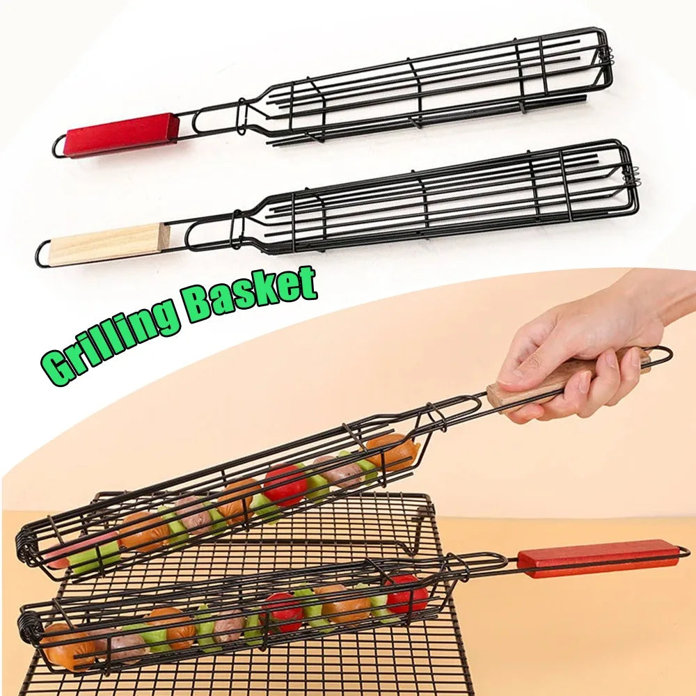 Camping Grill Grate Foldable BBQ Grill Basket Duty Non Stick Mesh Tray Wooden Handle Accessories for Sausage Fish Vegetables BBQ