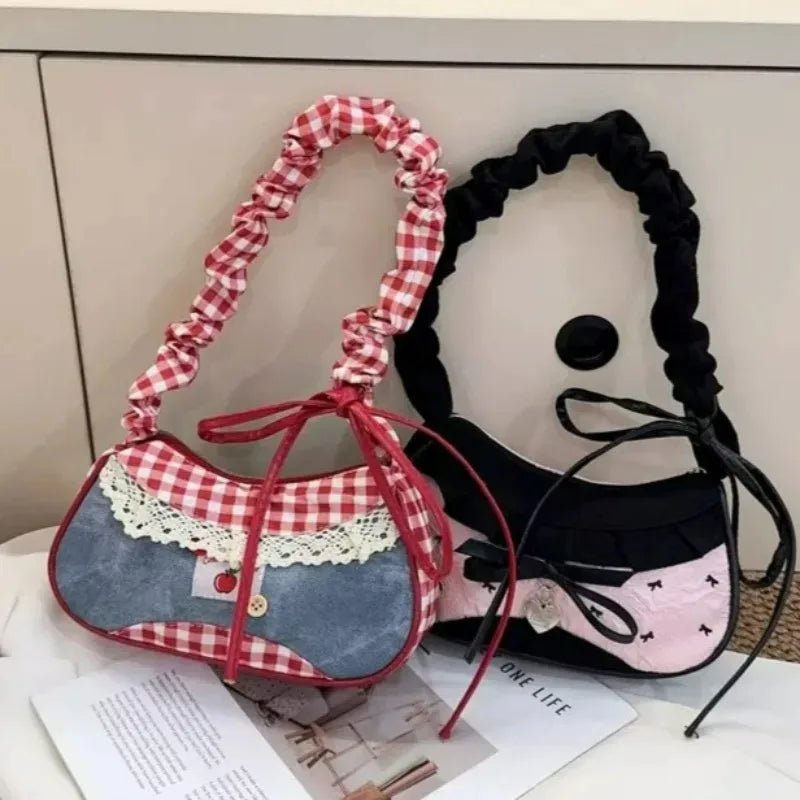 Y2K Grid Bowknot Underarm Bag Women Lace Shoulder Bag Korean Style Aesthetic Handbag Large Capacity Crossbody Bag Fashion Cute