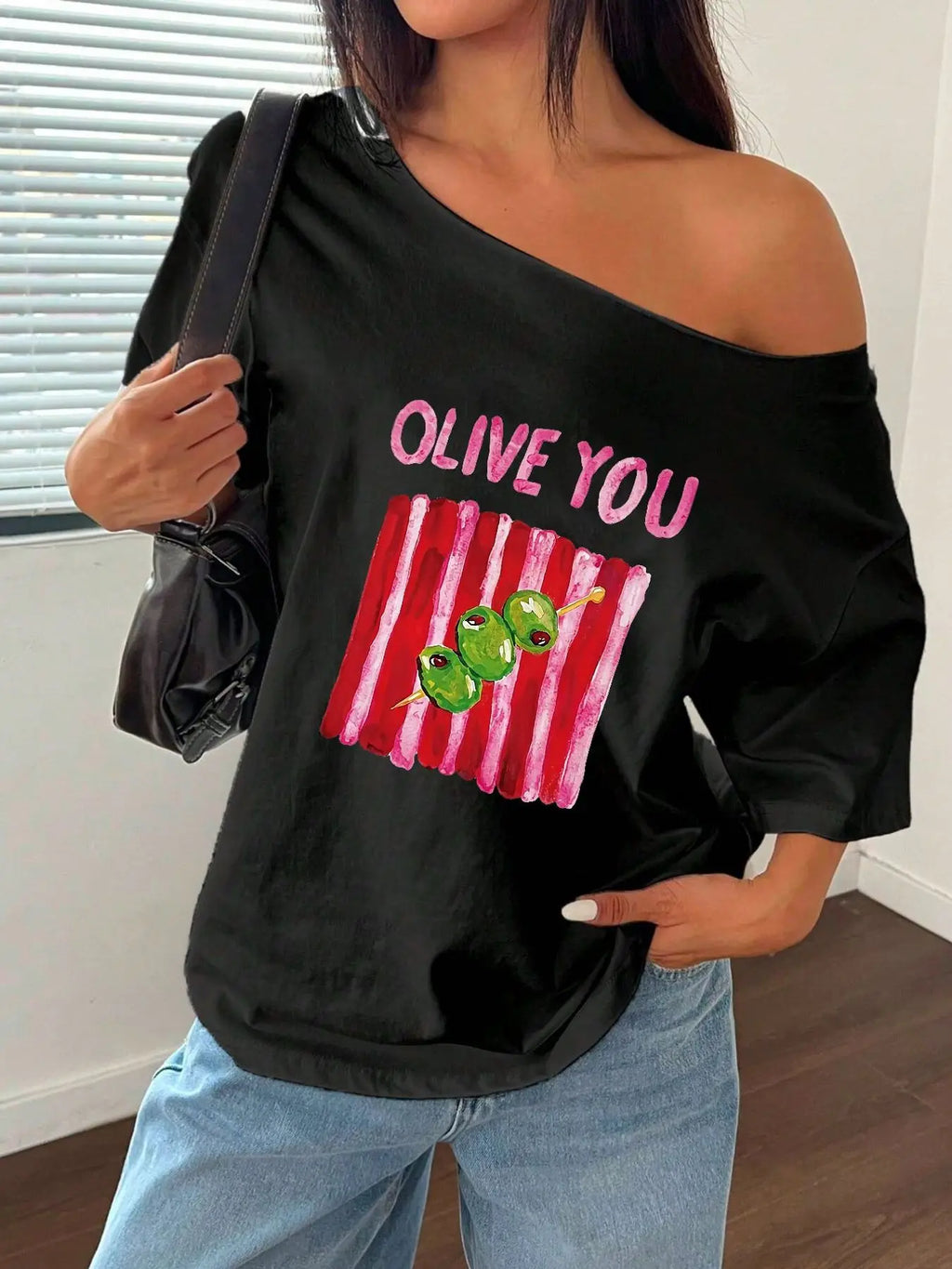 100% Cotton Plus Size Cute Olive Print Casual T-Shirt Shoulder Loose Print T-Shirt Oversized Y2K Style Graphic Tees Women Top