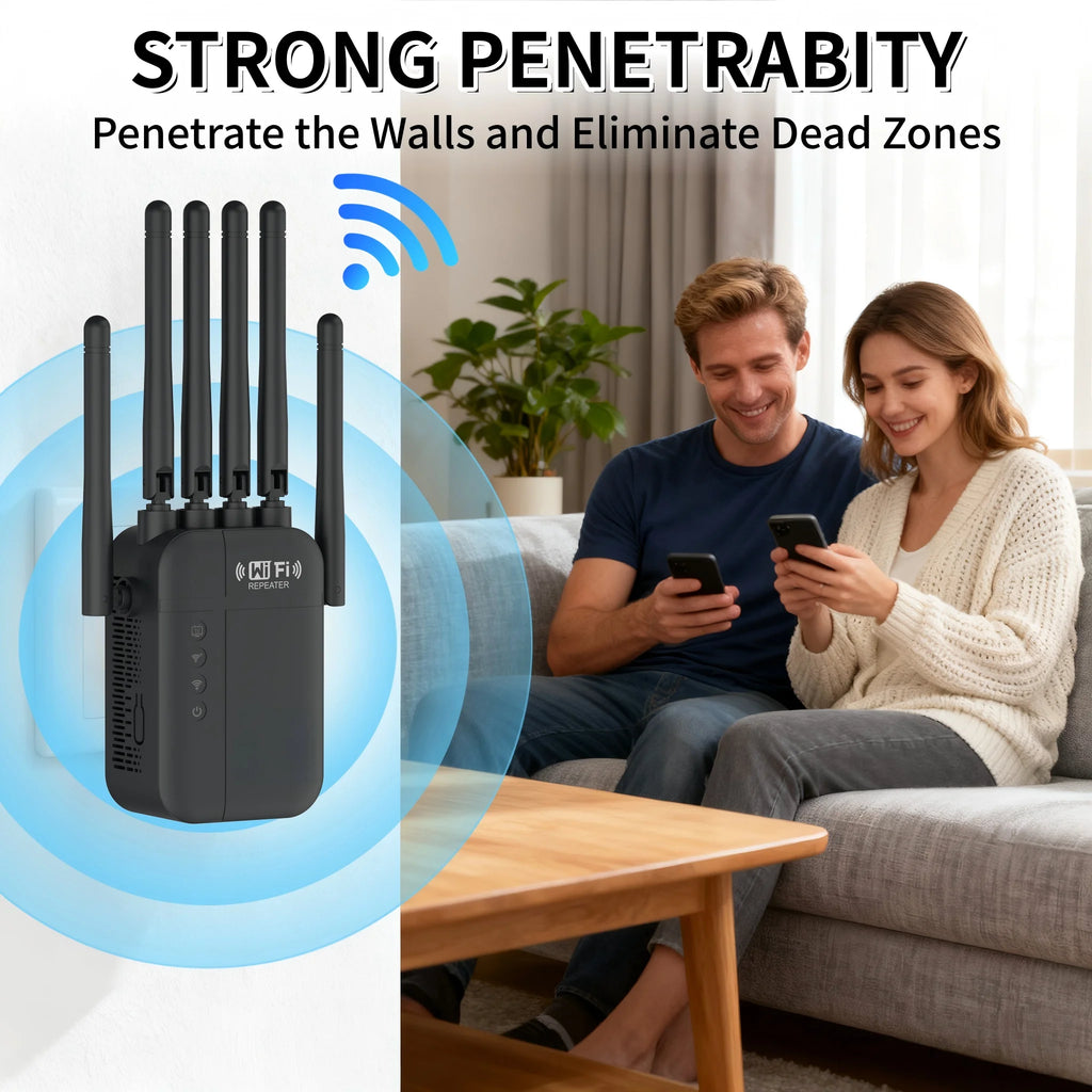 Dual Band WiFi Signal Repeater 2.4G/5G 1200Mbps Extender Wall Penetrating 10000 Square Feet Coverage for Multiple Devices