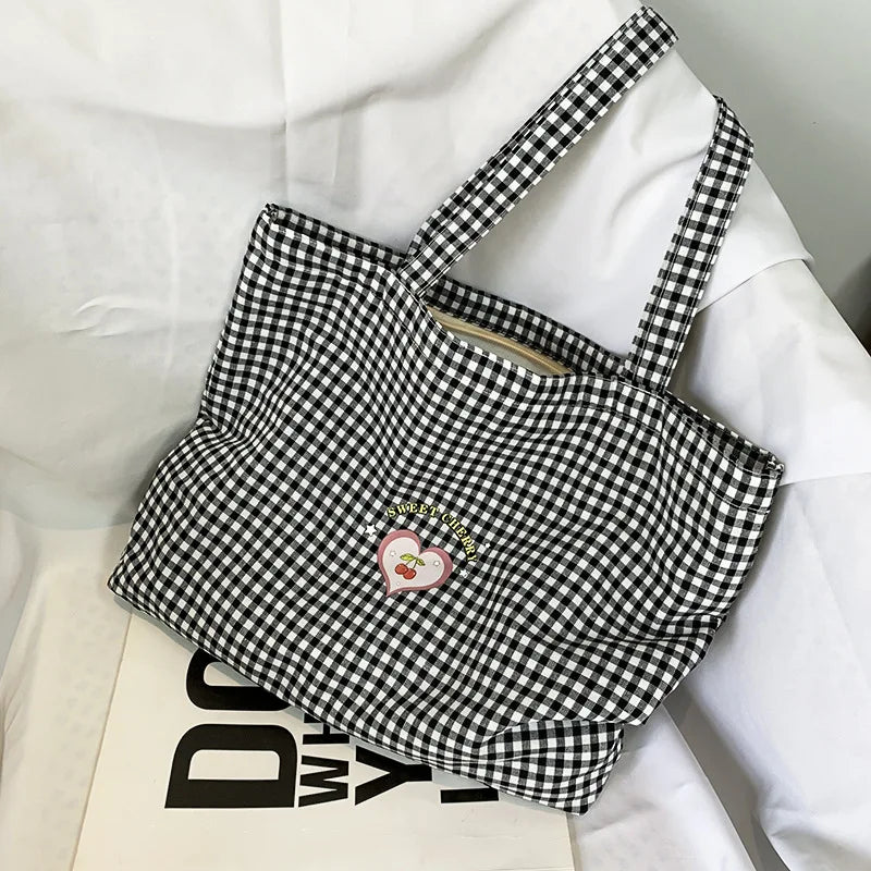 Retro Plaid Women's Portable Shopping Bags Eco Reusable Female Cotton Tote Shoulder Bag College Girls Book Handbags with Zipper