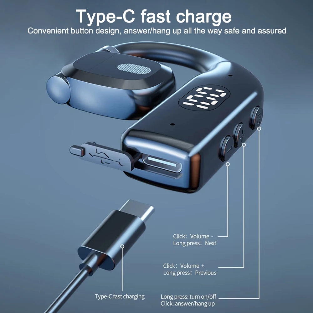 Wireless Bluetooth Headphones LED Display Single Ear Air Conduction Earphones Hands-Free Noise-Canceling Earbuds for Driving