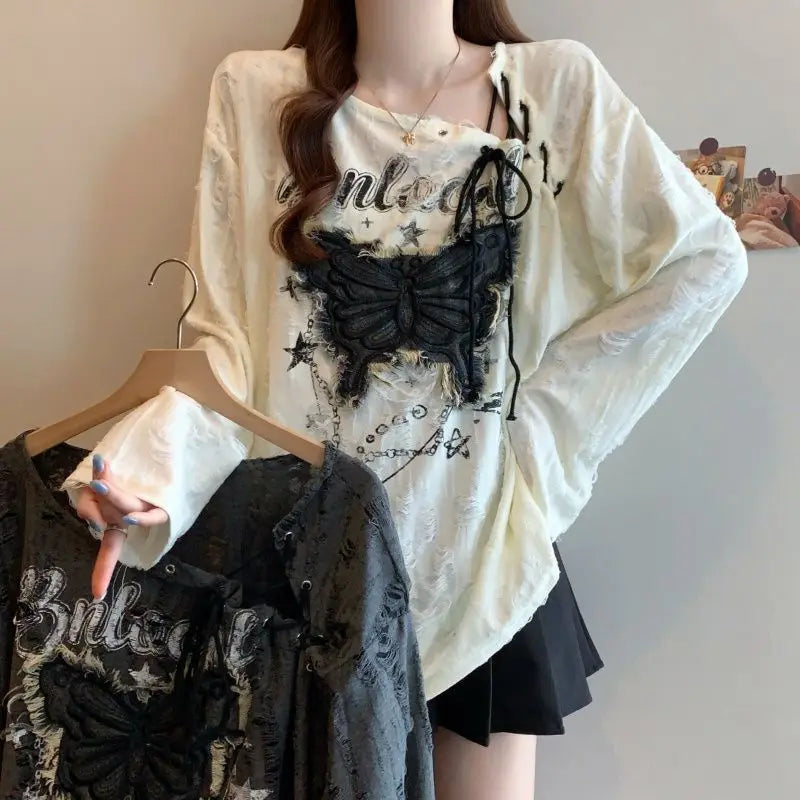 Large size women's clothing spring and autumn wrinkled hole design butterfly pattern drawstring irregular collar long sleeve top