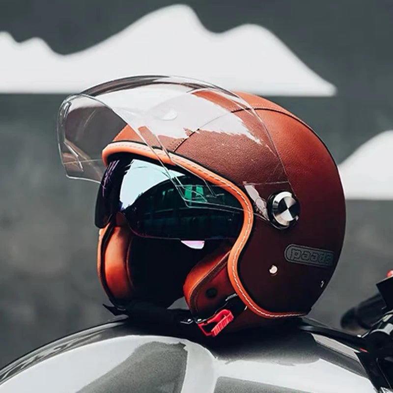 Open Face Helmet Vintage Leather Motorcycle Helmets Double Visor DOT Approved Retro 3/4 Jet Half Helmet with Inner Lens