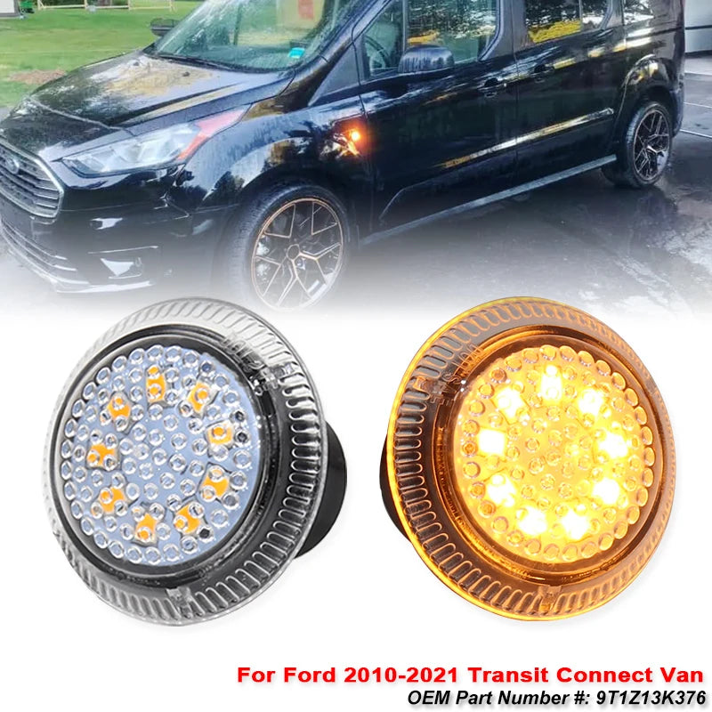 2pcs Round Shape Amber Yellow Full LED Front Fender Side Marker Light For Ford 2010-2021 Transit Connect Van Turn Signal Lamp