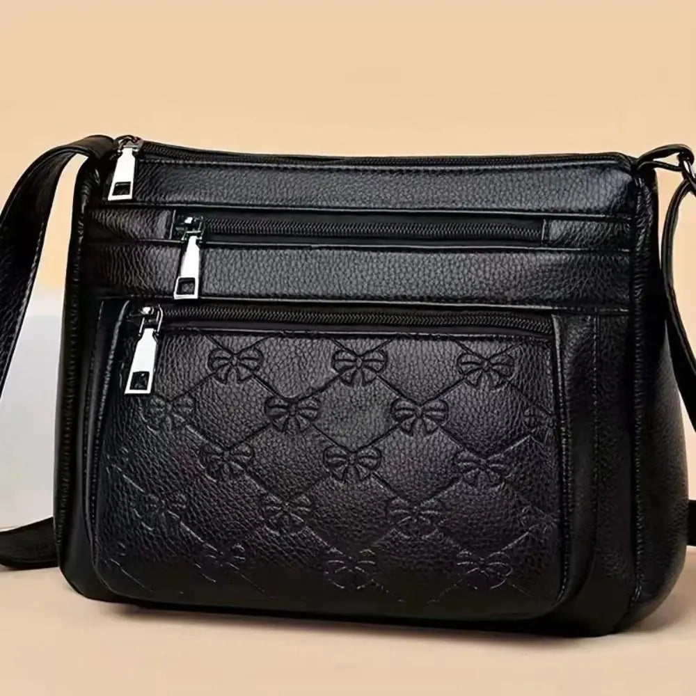 Fashion PU Leather Buying Vegetable Bag Black Multi-layer Middle-aged Mother's Bag Large Capacity Shoulder Messenger Bag Woman