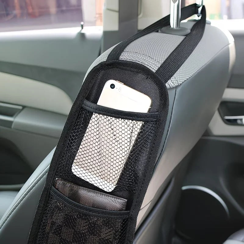 Black car seat storage bag, multi-pocket space - fabric suspended rear seat accessory with grid pockets