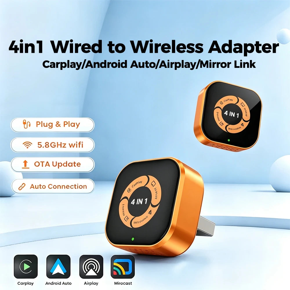 2026 Wireless Carplay Adapter 4in1 Android Auto Connect Airplay Mirror Link Screen USB Plug&Play for Apple and Android CarPlay