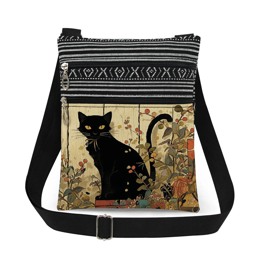 Cute Cartoon Black Cat Print Crossbody Bags Shoulder Bags For Women Daily Travel Portable Small Messenger Bags Catkeeper Gift
