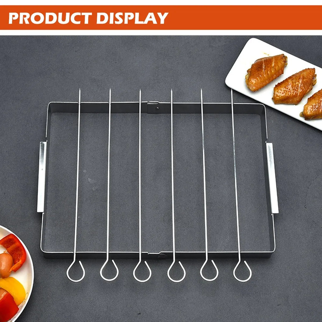 BBQ Skewer Rack Stainless Steel BBQ Metal Skewers Foldable Rotating Rotisserie Grill Rack with 6 Skewers for Outdoor Grills Tool